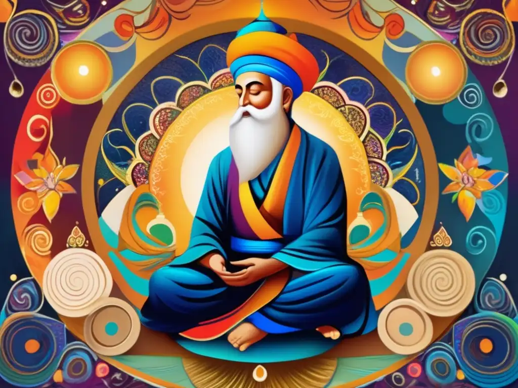 Una ilustración detallada de Rumi, rodeado de colores vibrantes y patrones espirituales