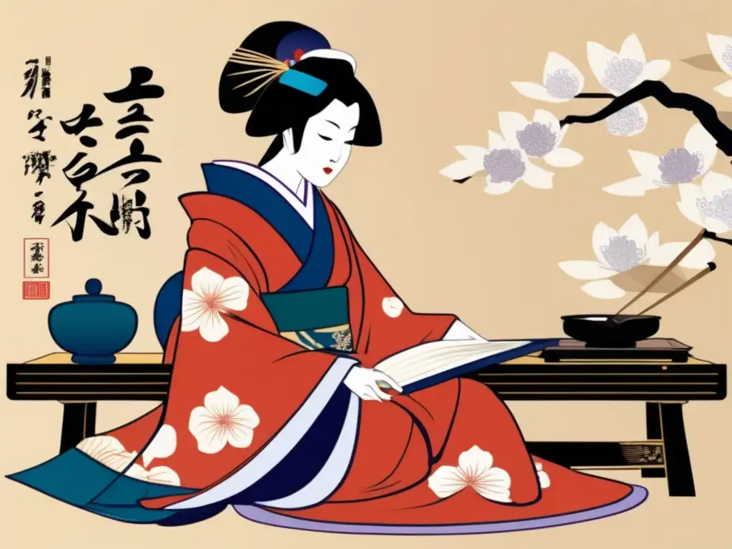 _Ilustración detallada de Lady Murasaki escribiendo poesía en un jardín japonés_ Una ilustración detallada de Lady Murasaki escribiendo en un tradicional escritorio japonés, rodeada de pergaminos y pinceles