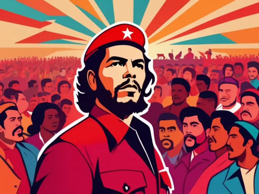 Una ilustración digital detallada de Che Guevara dando un apasionado discurso frente a una multitud diversa