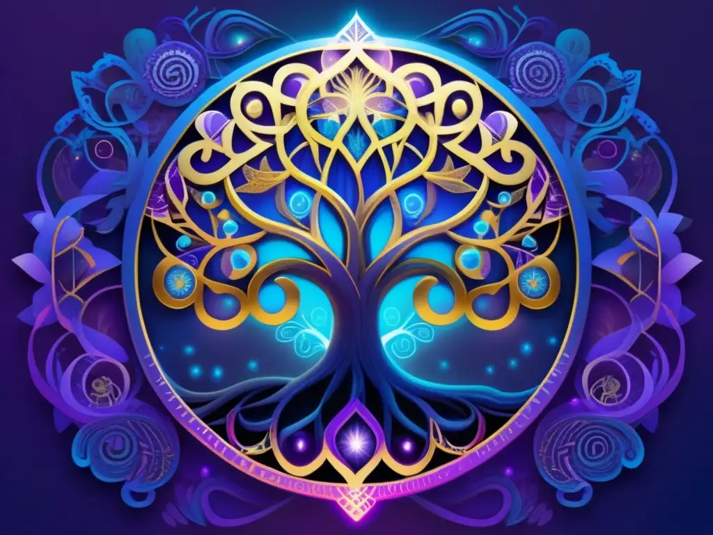 Una ilustración digital detallada del árbol de la vida, con patrones geométricos, energía radiante y colores ricos