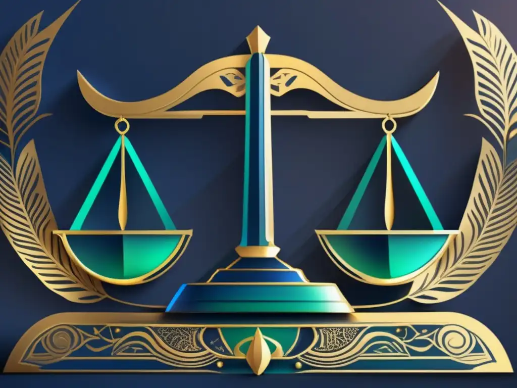 Una ilustración digital detallada de una balanza perfectamente equilibrada con intrincados grabados dorados, rodeada de símbolos de justicia, igualdad y equidad