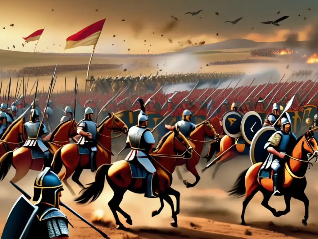 Una ilustración digital detallada de la Batalla de Cannae, destacando la estrategia de las fuerzas de Aníbal y el caos del campo de batalla