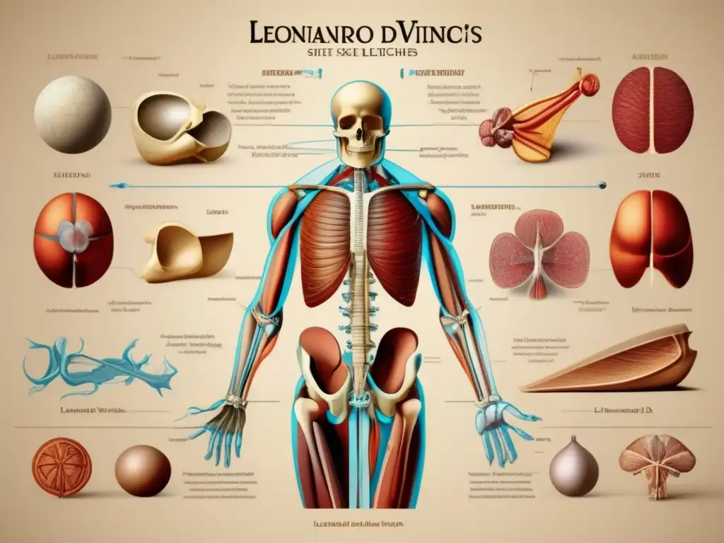 Una ilustración digital detallada de los bocetos anatómicos de Leonardo da Vinci, destacando sus estudios detallados del cuerpo humano con representaciones intrincadas de músculos, huesos y órganos internos