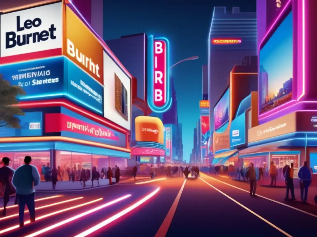 Una ilustración digital detallada de una bulliciosa calle de ciudad de noche, con letreros de neón y vallas publicitarias vibrantes