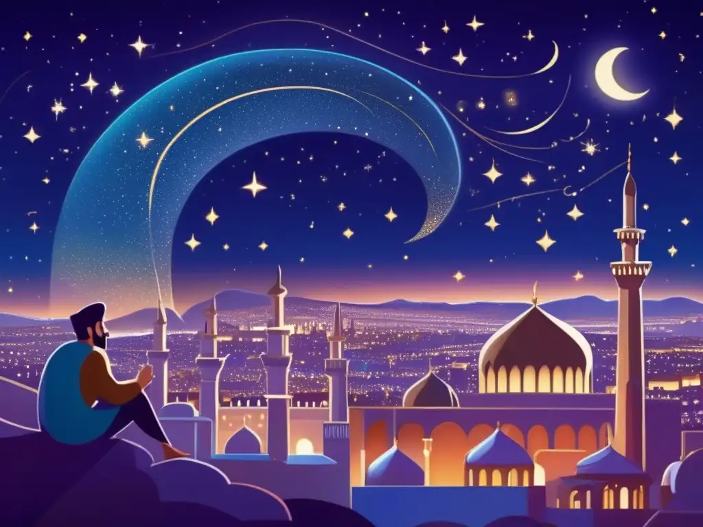 Una ilustración digital detallada del cielo nocturno sobre la antigua Persia, con constelaciones intrincadas y una vibrante Vía Láctea