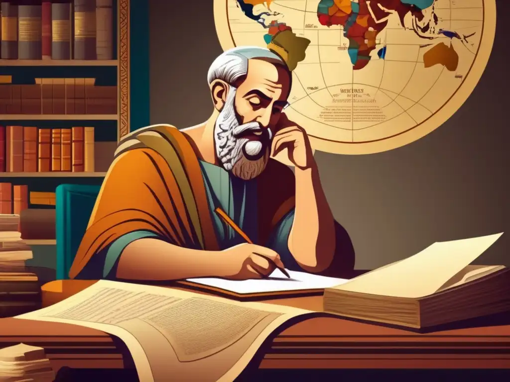 Una ilustración digital detallada de Heródoto, el historiador griego, inmerso en su estudio rodeado de pergaminos, plumas y mapas