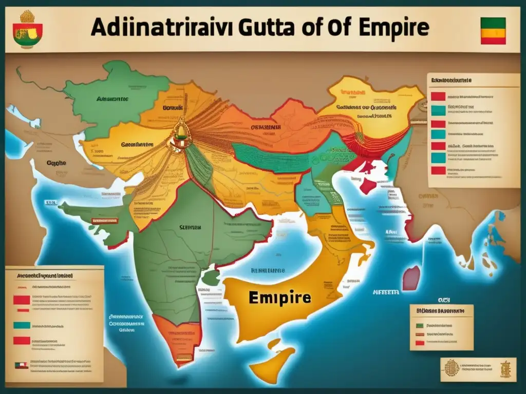 Una ilustración digital detallada del Imperio Gupta, mostrando la red de gobierno, jerarquía, divisiones administrativas y la capital