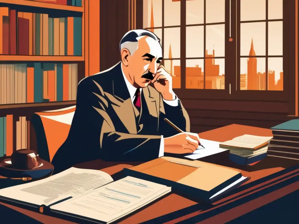 Una ilustración digital detallada de John Maynard Keynes, inmerso en la escritura en su escritorio repleto de gráficos económicos