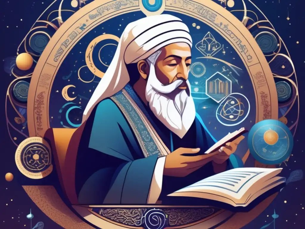 Avicenna: Filosofía y ciencia en armonía Una ilustración digital detallada de Avicena inmerso en pensamientos, rodeado de símbolos científicos y patrones, con un toque moderno y futurista