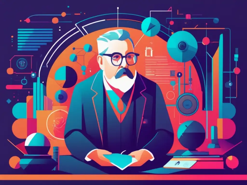 Una ilustración digital detallada de Norbert Wiener inmerso en profundos pensamientos, rodeado de elementos tecnológicos futuristas y símbolos de información, con una paleta de colores moderna y elegante