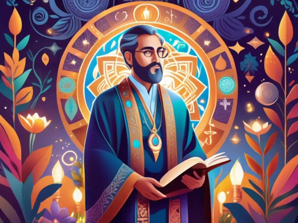Una ilustración digital detallada de Isaac Luria, el Ari, en un jardín místico vibrante, rodeado de símbolos e energía