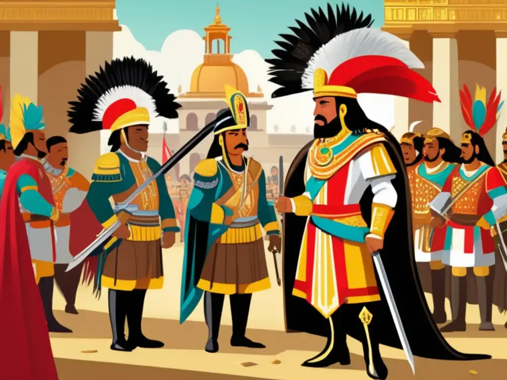 En una ilustración digital detallada, Moctezuma II se reúne con los conquistadores españoles en un palacio grandioso