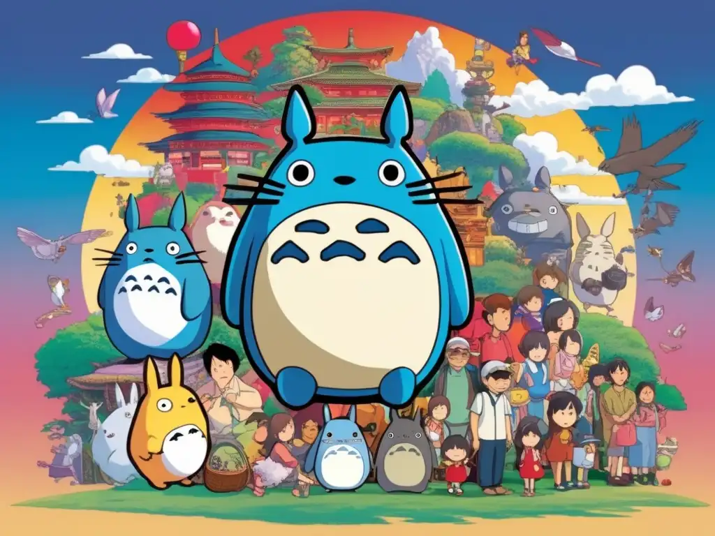 Una ilustración digital detallada y moderna de Hayao Miyazaki rodeado de icónicos personajes de Studio Ghibli