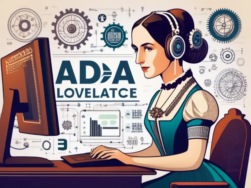Una ilustración digital detallada y moderna de Ada Lovelace, rodeada de ecuaciones matemáticas y símbolos de programación, con una expresión determinada