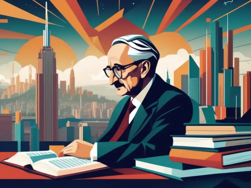 Una ilustración digital detallada y moderna muestra a Friedrich Hayek inmerso en sus pensamientos, rodeado de libros y gráficos de teoría económica