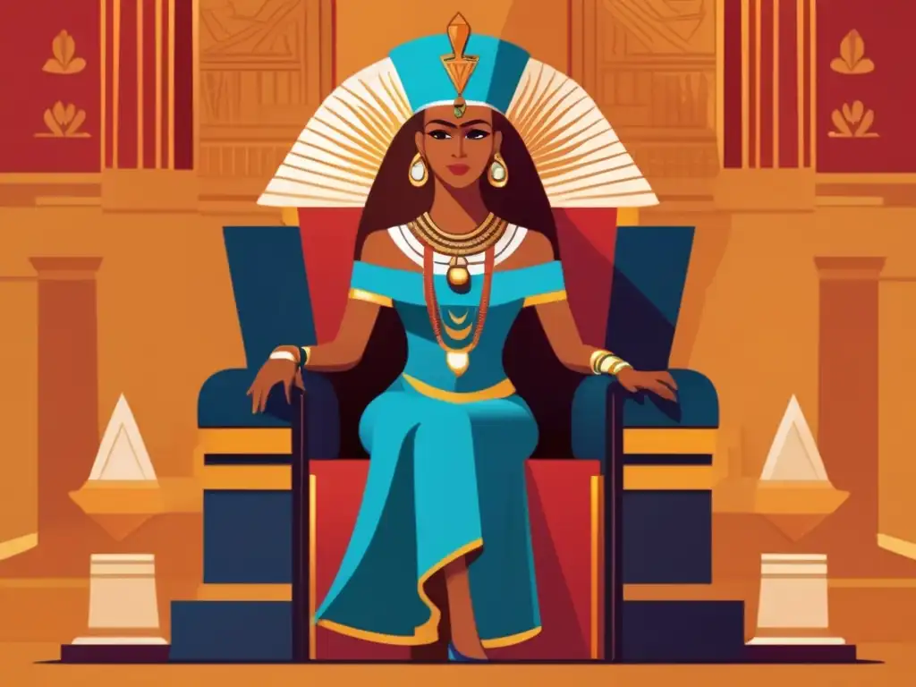Una ilustración digital detallada y moderna de la reina Hatshepsut sentada en un trono, vistiendo el tocado de faraón y atuendo regio