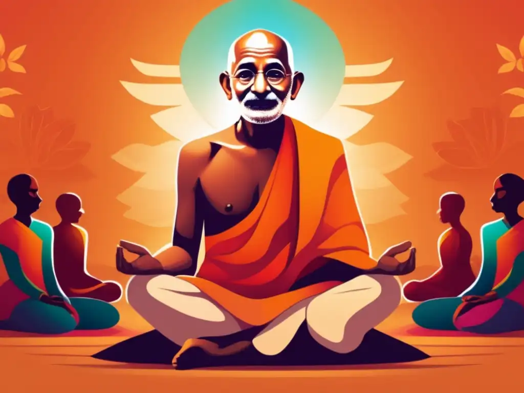 Una ilustración digital detallada y moderna de Mahatma Gandhi meditando, rodeado de una suave aura de luz