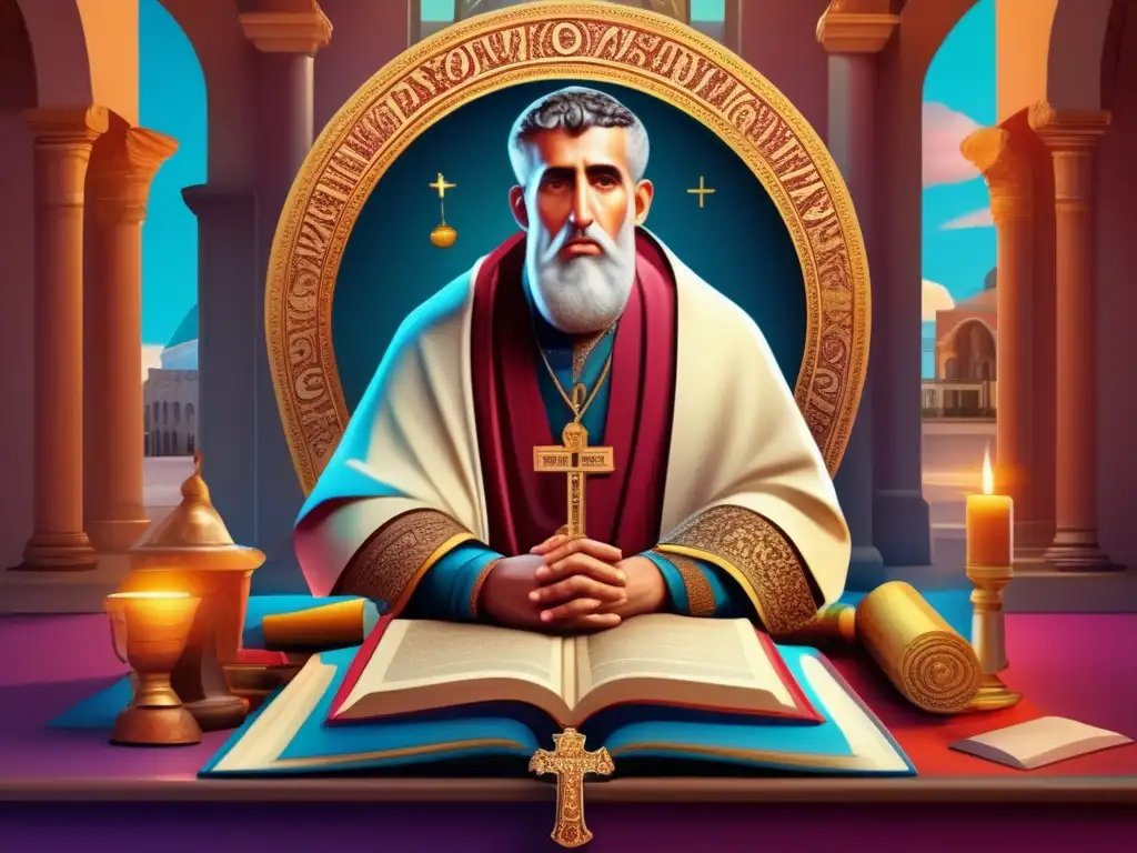 Una ilustración digital detallada y moderna de San Agustín de Hipona en profunda contemplación, rodeado de antiguos pergaminos y símbolos religiosos