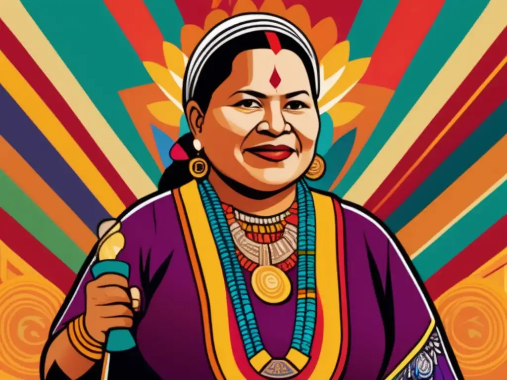 Una ilustración digital detallada de Rigoberta Menchú liderando una protesta pacífica por la justicia y la igualdad