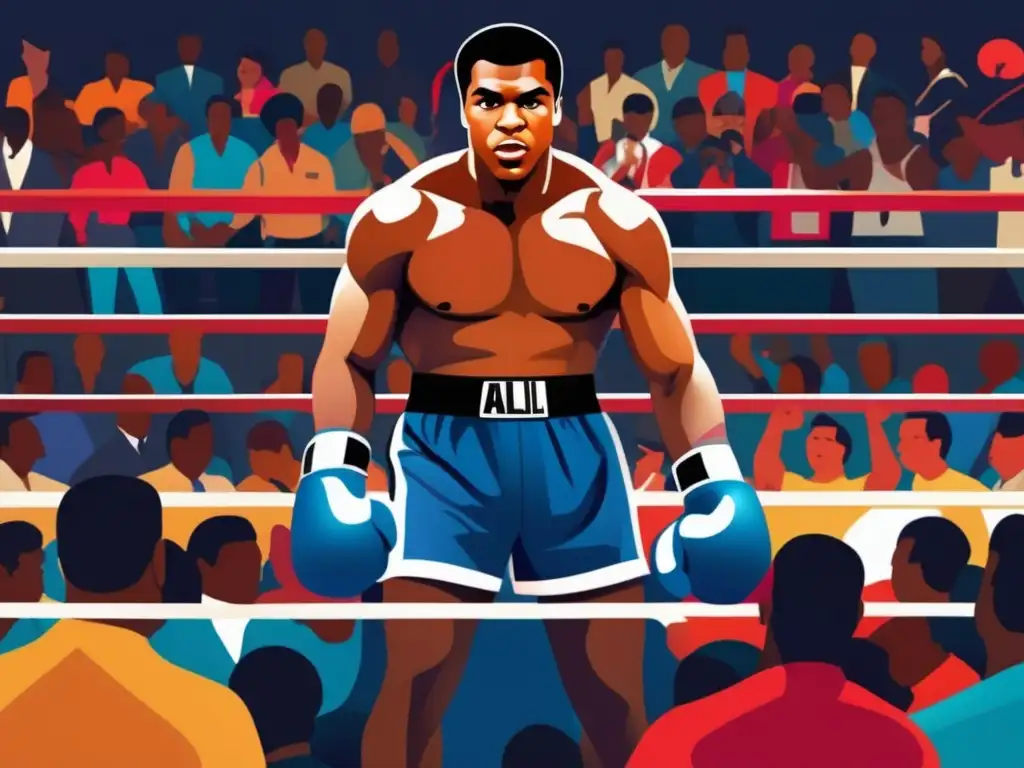 Una ilustración digital detallada de Muhammad Ali en el ring, rodeado de una multitud vibrante