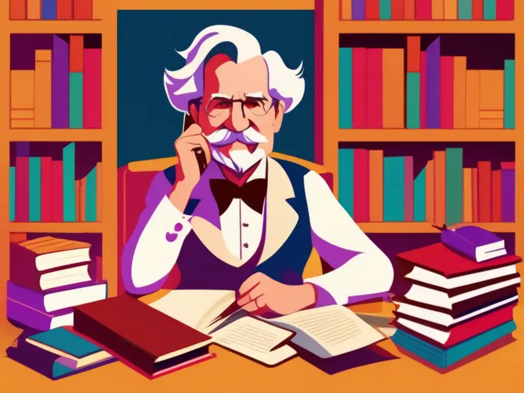 Una ilustración digital detallada de Mark Twain sentado en un escritorio, rodeado de montones de papeles y libros, con una pluma en la mano y una sonrisa traviesa en el rostro