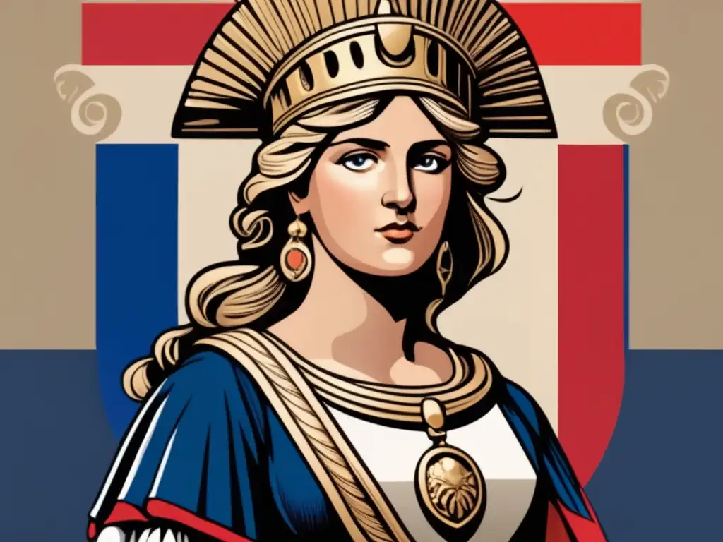 Una ilustración digital detallada de Marianne, símbolo de la Revolución Francesa, con expresión decidida