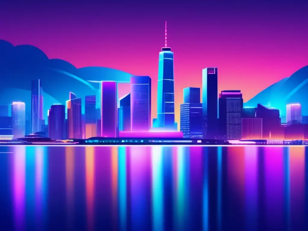 Una ilustración digital detallada de un skyline urbano moderno iluminado por luces de neón