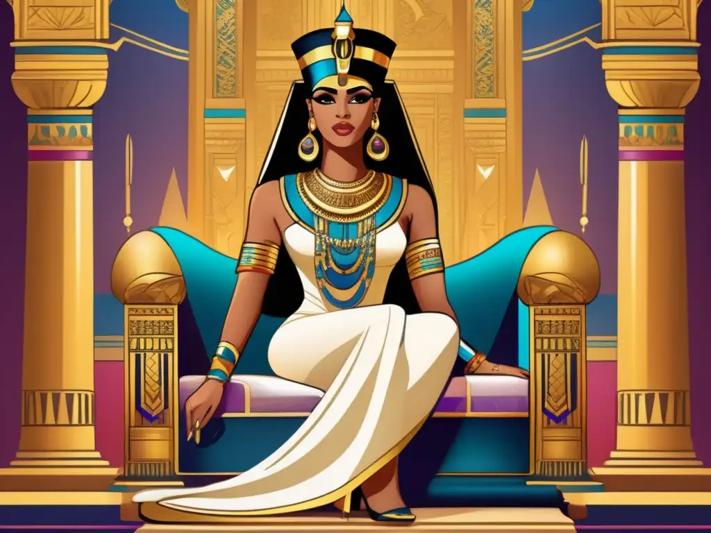 Una ilustración digital detallada de Cleopatra en su trono, ataviada con lujosos atuendos egipcios y joyas intrincadas