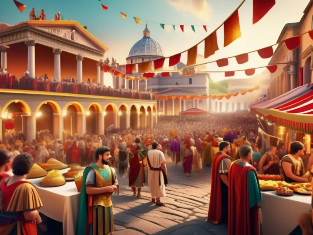 Una ilustración digital detallada y vibrante de una escena de festival romano, con arquitectura ornamentada, vistosas banderas y multitudes animadas