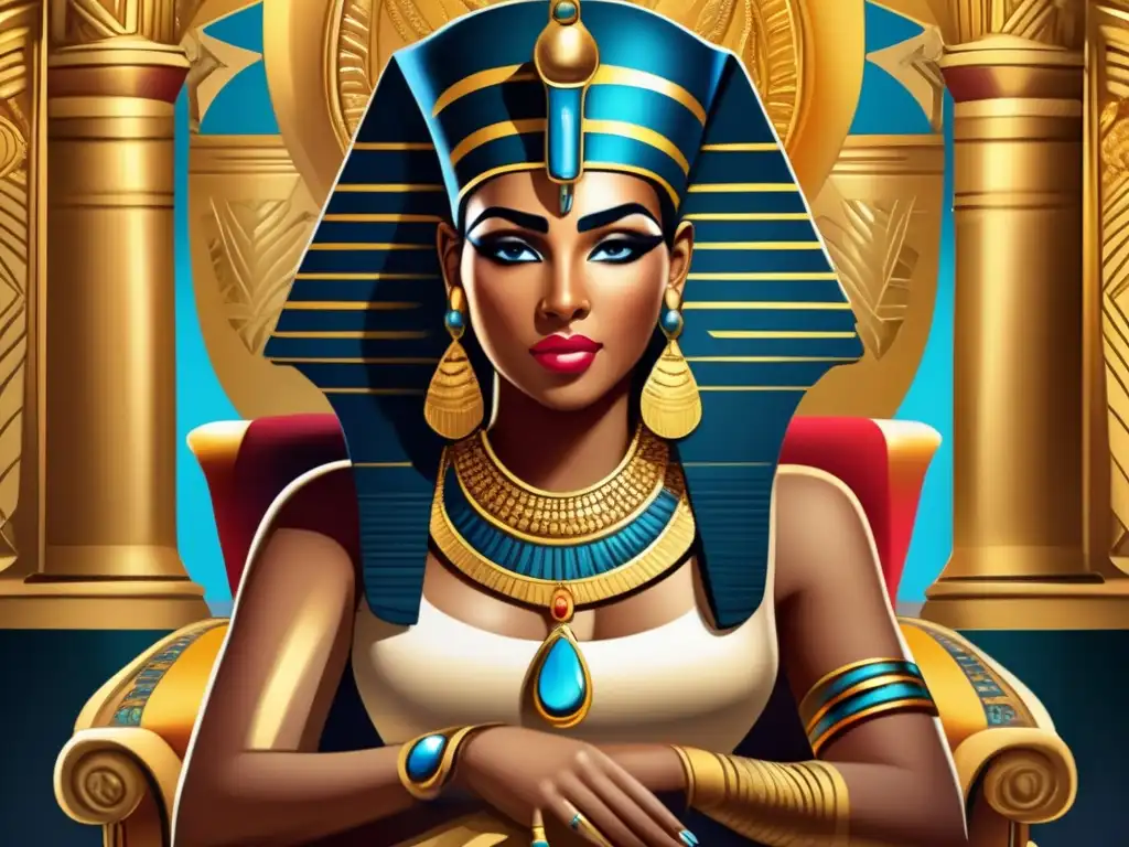 Una ilustración digital detallada y vívida de Cleopatra, sentada en un trono dorado, rodeada de decoración egipcia opulenta