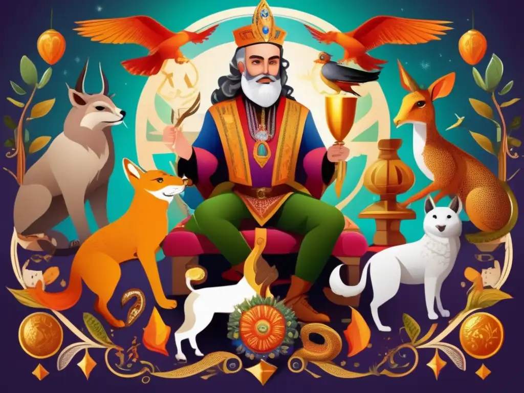 Una ilustración digital impresionante de Angelo de Gubernatis rodeado de criaturas y símbolos mitológicos, fusionando folklore y elementos renacentistas