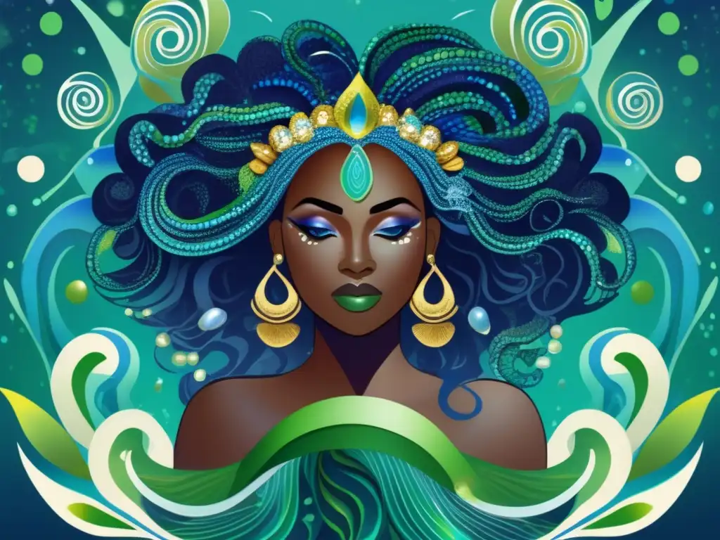 Una ilustración digital impresionante de Mami Wata, la divinidad acuática africana, rodeada de una energía mística y una conexión divina con el agua y la vida marina