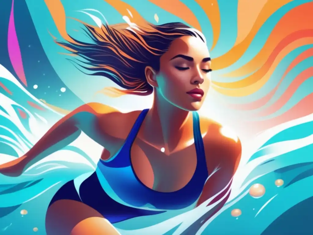 Una ilustración digital impresionante de Rie Mastenbroek nadando con gracia en una piscina, sus potentes brazadas capturadas en detalle exquisito