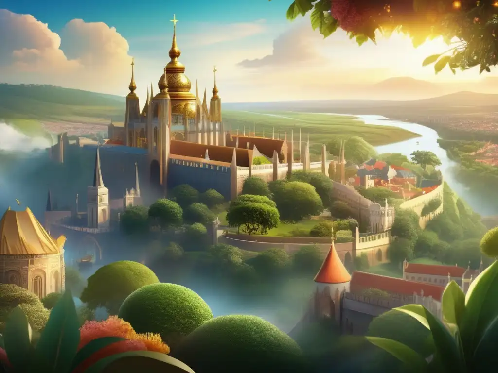 Una ilustración digital impresionante del mítico reino cristiano del Misterio Preste Juan, con una majestuosa ciudad rodeada de exuberantes paisajes