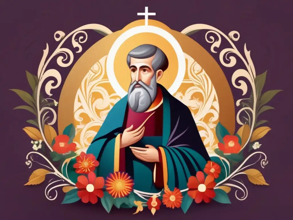 Una ilustración digital impresionante de San Agustín de Hipona en una pose contemplativa, con un halo de luz alrededor de su cabeza