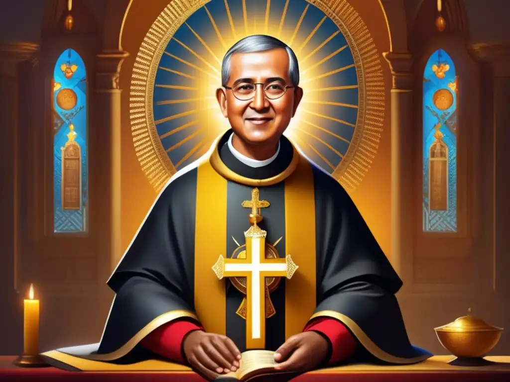 Santo Tomás de Aquino: Ilustración digital impactante y contemplativa Una ilustración digital impresionante de Santo Tomás de Aquino, rodeado de rayos de luz y símbolos de su contribución a la teología cristiana