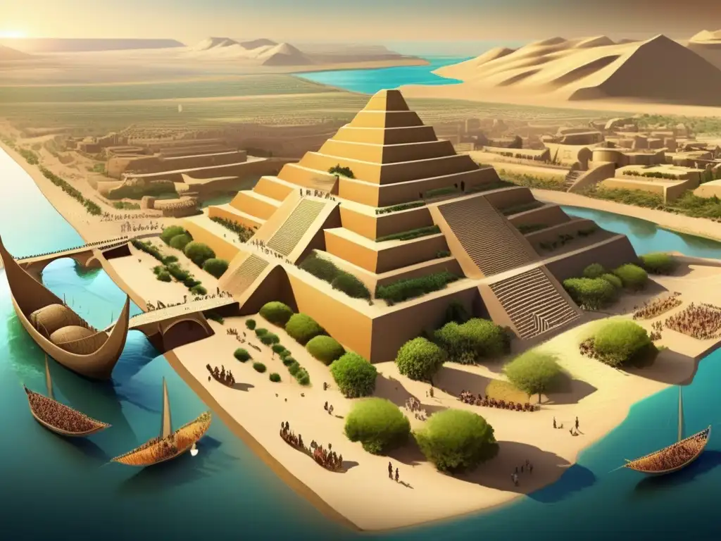 Una ilustración digital majestuosa de la antigua ciudad de Uruk, con ziggurats, mercados bulliciosos y ríos exuberantes, capturando el contexto histórico y cultural de la época de la Epopeya de Gilgamesh análisis