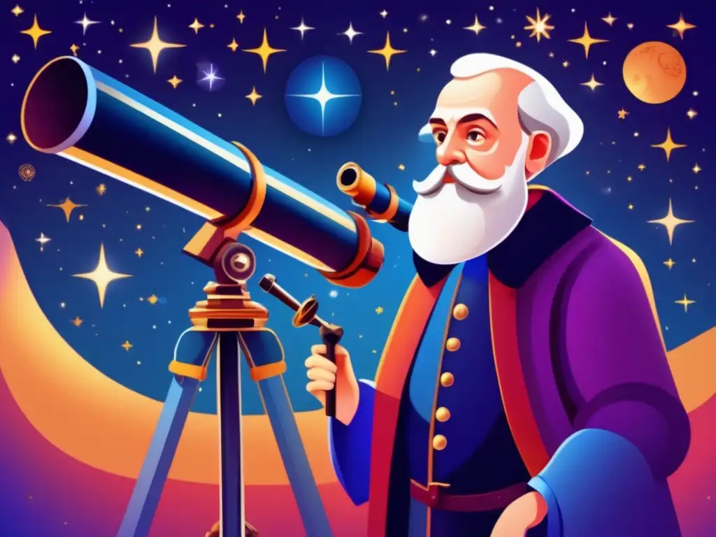 Una ilustración digital ultradetallada y moderna de Galileo Galilei frente a un telescopio, maravillándose con el cielo nocturno