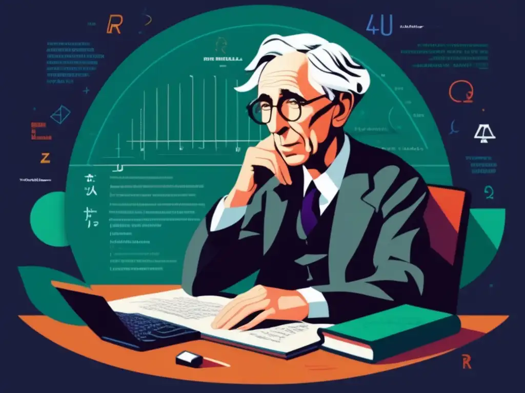 Una ilustración digital ultradetallada de Bertrand Russell sentado en su escritorio, rodeado de ecuaciones matemáticas y textos filosóficos