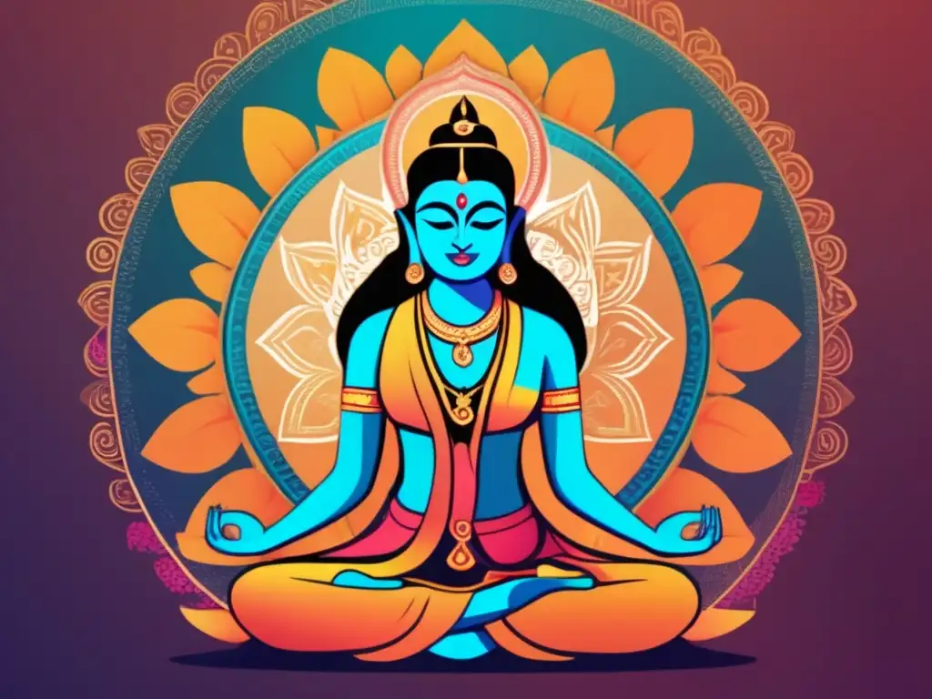 Una ilustración digital serena e inspirada en el arte moderno de Abhinavagupta, con patrones intrincados y colores vibrantes que representan sabiduría y influencia espiritual