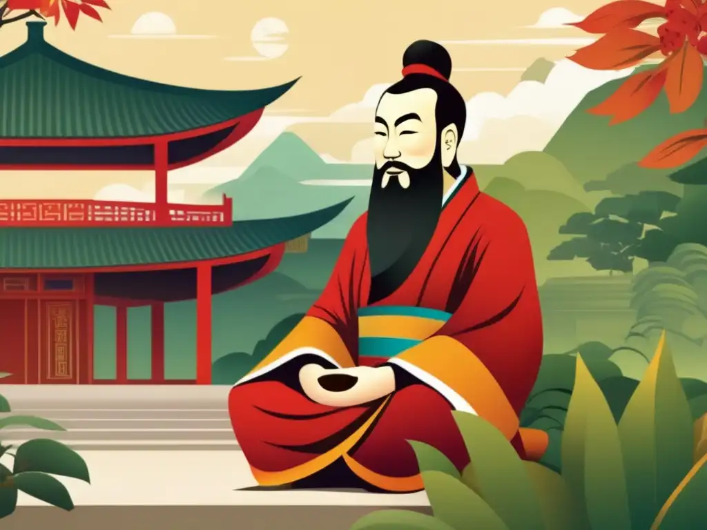 Una ilustración digital serena y moderna de Confucio rodeado de elementos arquitectónicos y naturaleza china