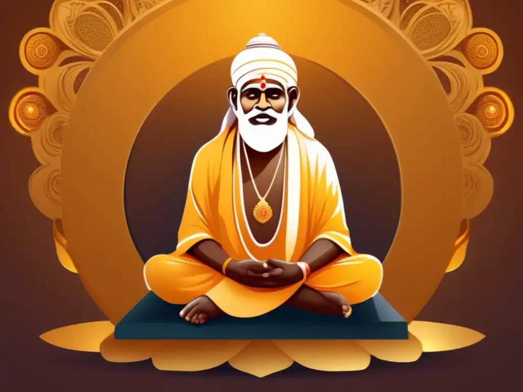 Ilustración digital de Sai Baba de Shirdi: Serenidad y Sabiduría Una ilustración digital serena y moderna de Sai Baba de Shirdi irradiando sabiduría y compasión en un entorno tradicional y contemporáneo