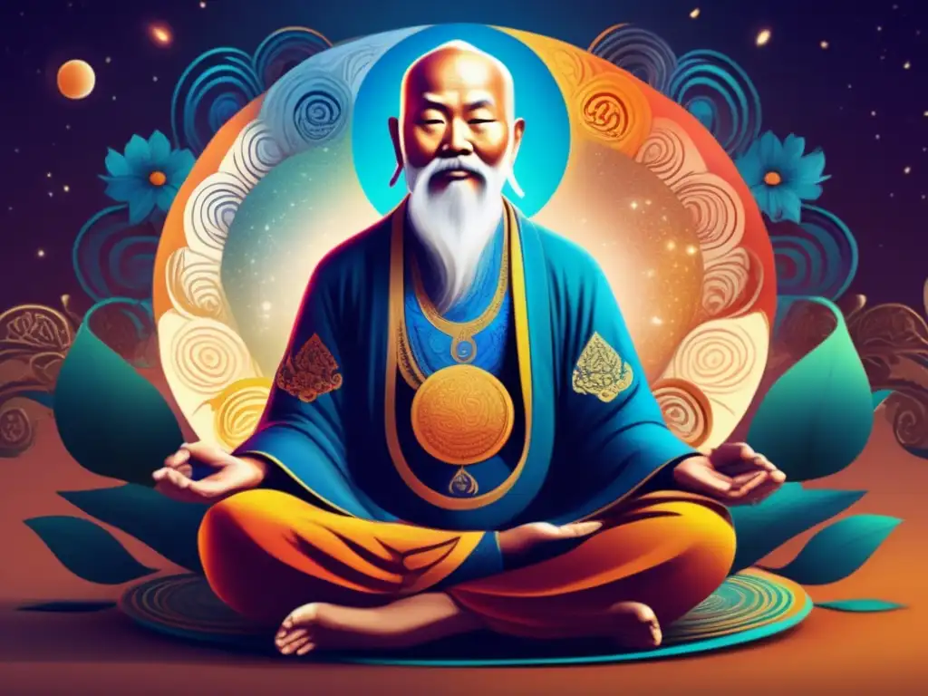 Una ilustración digital serena y moderna de Lao Tzu meditando, rodeado de símbolos yin yang