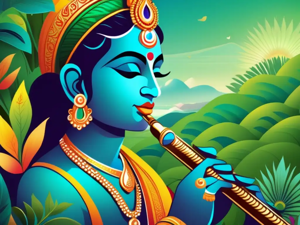 Una ilustración digital serena y vibrante de Krishna tocando la flauta en un paisaje exuberante y etéreo
