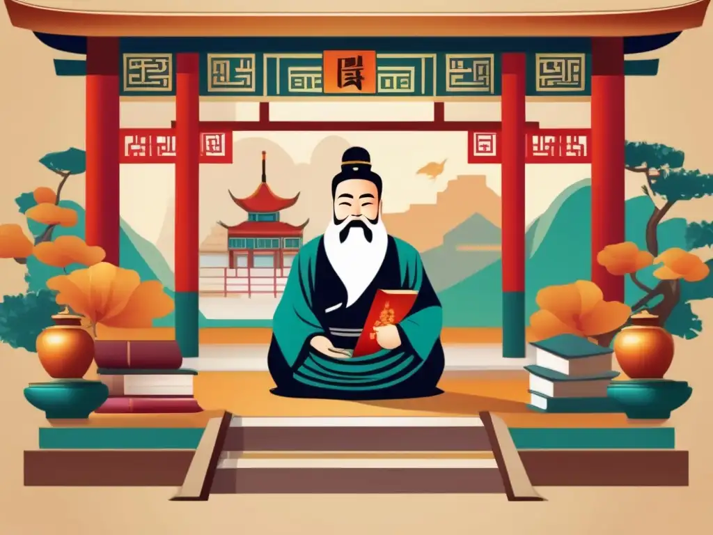 Una ilustración digital sorprendente y moderna de Confucio en un patio chino tradicional rodeado de antiguos pergaminos y libros