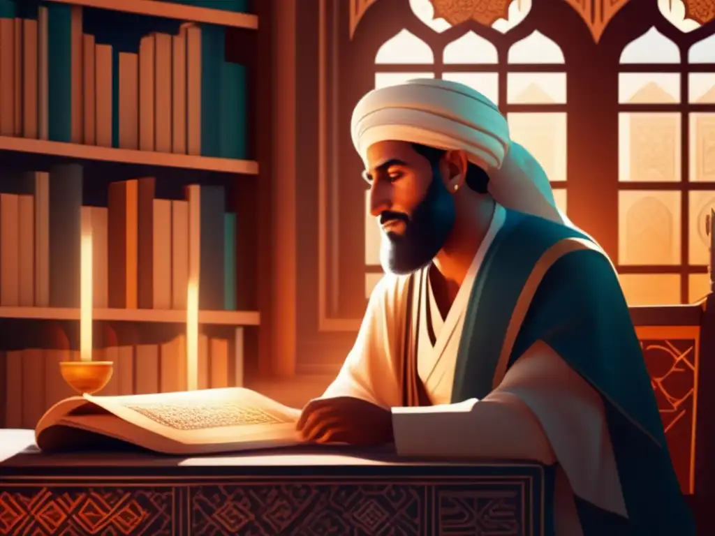 Una ilustración digital ultradetallada en 8k de Ibn Khaldun reflexionando sobre el concepto de mundo