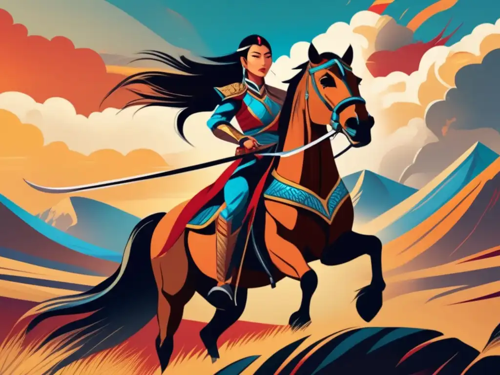 Una ilustración digital ultradetallada en 8k de la Princesa Khutulun guerrera mongol, montando un poderoso caballo de guerra y portando un formidable arco compuesto