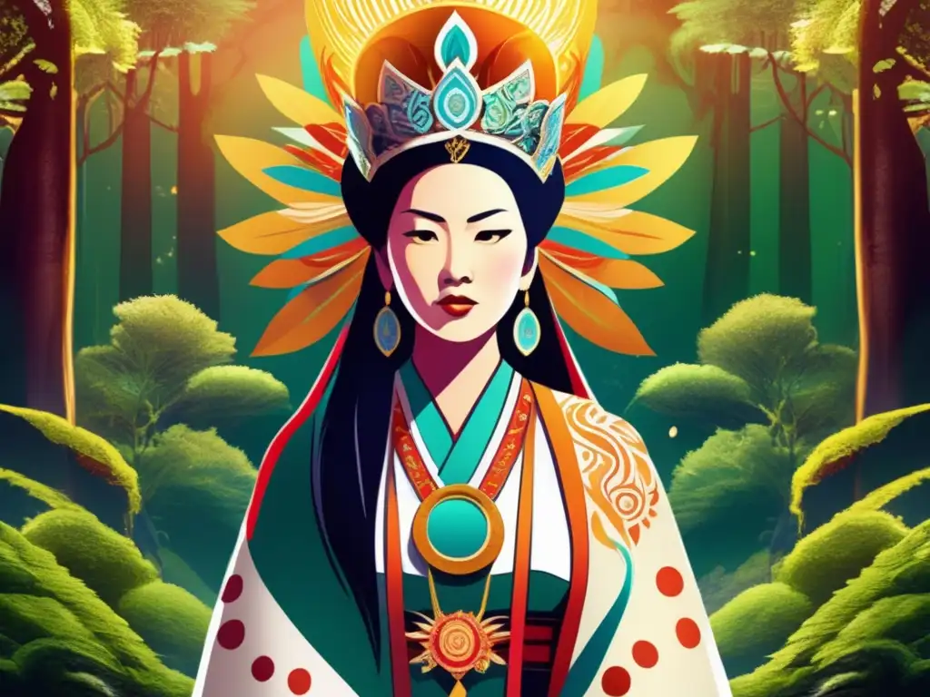 Una ilustración digital ultradetallada de la Reina Himiko, líder chamanista de Japón, rodeada de energía mística en un exuberante bosque