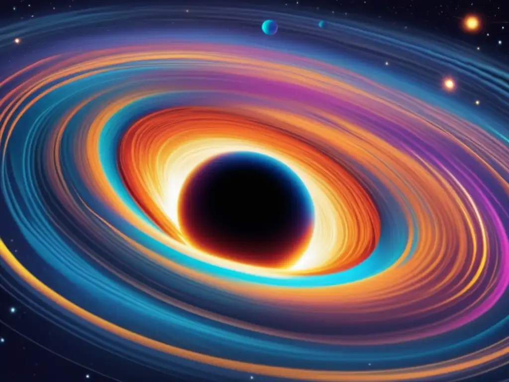 Una ilustración moderna y deslumbrante muestra el complejo entramado de gases cósmicos y materia siendo absorbidos por el horizonte de sucesos de un agujero negro masivo