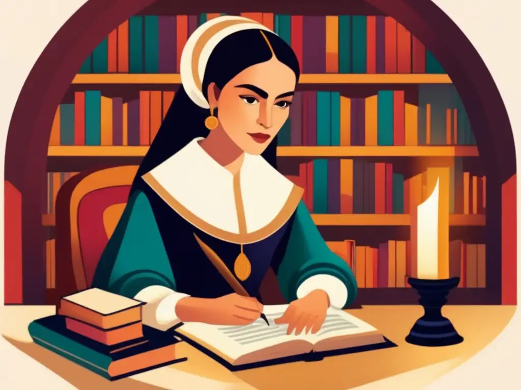Una ilustración moderna detallada de Sor Juana Inés de la Cruz, rodeada de libros y pergamino, escribiendo con determinación